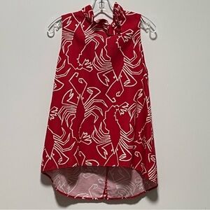 tyler böe Red lobster patterned linen blend sleeveless high ruffled collar top